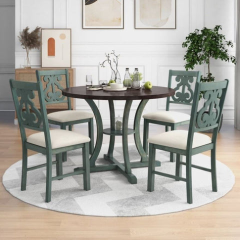 ZUN 5-Piece Round Dining Table and 4 Fabric Chairs with Special-shaped Table Legs and Storage Shelf 15508700