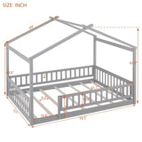 Full Size Wood Bed House Bed Frame with Fence, for Kids, Teens, Girls, Boys,Gray WF302177AAE