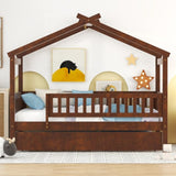 Twin Size Wooden House Bed with Twin Size Trundle, Walnut WF302178AAL