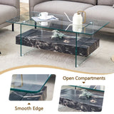 43.3 Inch Modern Two-Tier Coffee Table - Clear Tempered Glass and Black Marble Texture, W1151P232637