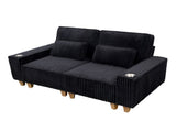 Black Deep Seat Corduroy Loveseat with Brushed Stainless Steel Cup Holders and 2 Decorative Pillows, 48566915