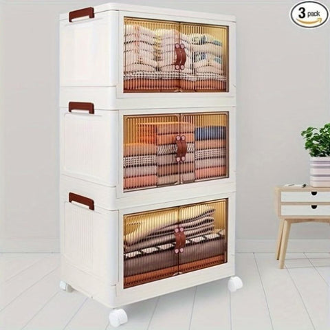 ZUN 3 stackable and foldable storage boxes with lids and wheels, fsuitable for wardrobes, homes, 28080665