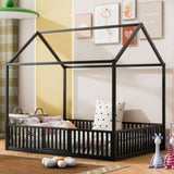 Full Size Metal House Bed with Fence and Door, Black MF315933AAB