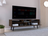 Tv Stand for TVs up 52", Three Open Shelves, Two Flexible Drawers, Dark Walnut B097133050