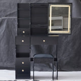 Small Size Left Drawer Desktop Vanity Table Cushioned Stool, Touch Control Sliding LED Mirror, W936P226035
