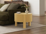 Round Fluted Side Table with Storage for Living Room, Rubber Solid Wood, Soft-close Door, Natural, N735P369881N