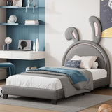 Twin Size Upholstered Leather Platform Bed with Rabbit Ornament, Gray WF299137AAE
