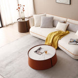 (NOT available on wayfair) 31.5inch Coffee Table, Marble TopOrange Saddle Leather BodyIron Frame W876107735
