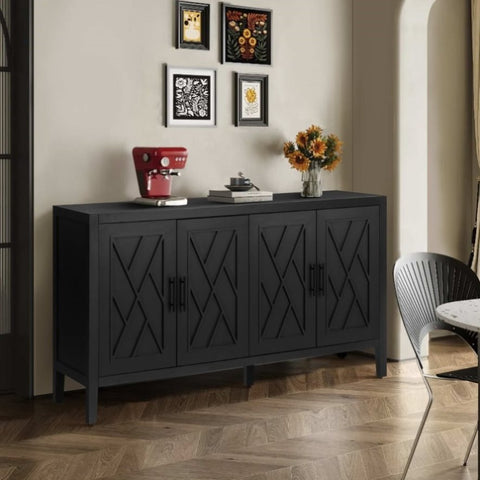 ZUN 60 inches Modern Farmhouse Accent with 4 Doors and Adjustable Shelf Wood Sideboard Buffet W1445121945