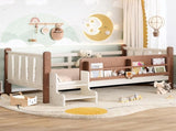 Twin Size Floor Bed with Storage Bookcases, Solid Wood Kids Floor Bed with Cute Stairs and W1580P390214