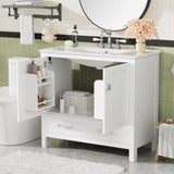 36" White Bathroom Vanity with Ceramic Sink, Soft-Close Doors, Double Storage Shelves & Divided N729P276609K