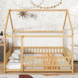 Full Size House Floor Wooden Bed with Roof Frame, Safety Guardrails,Natural W504P286409