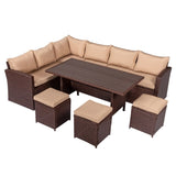 ZUN 8-Piece Set Outdoor Rattan Dining Table And Chair Brown Wood Grain Rattan Khaki Cushion Plastic Wood 17128185