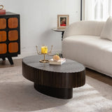 Oval Coffee Table Handcrafted Relief Sturdy Pedestal Wooden Olive-Shaped Tea Table for Living Room W3081P255079