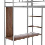ZUN Twin Metal Loft Bed with 2 Shelves and one Desk ,Silver 41987856