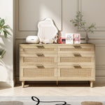 ZUN 51" Rattan Dresser with Drawers, 6 Drawer Dresser for Bedroom, Clothes Storage Cabinet for Bedroom, W757P209506