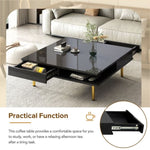 ZUN ON-TREND Exquisite High Gloss Coffee Table with 4 Golden Legs and 2 Small Drawers, 2-Tier Square WF315490AAB