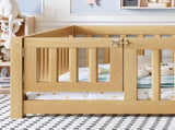 Full Size Bed Floor Bed with Safety Guardrails and Door for Kids, Natural W1580P462323