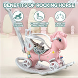 ZUN Rocking Horse Toddlers, Balance Bike Ride On Toys with Push Handle, Backrest and Balance Board W509125829