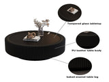 Black Round Fluted Coffee Table with Tempered Glass Top, PU Leather Body , Baked Enamel Metal Base & W3081P428980