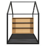 Twin Size Metal Bed House Bed Frame with Shelves and Lights, Black N737P176708B