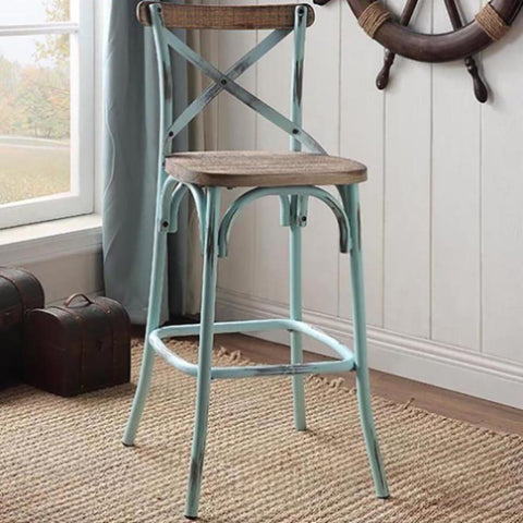 ZUN Antique Turquoise and Antique Oak Bar Stool with Cross Back B062P191073