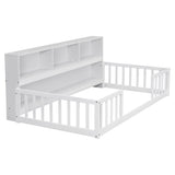 ZUN Twin Floor Bed with Bedside Bookcase,Shelves,Guardrails,White W504142771