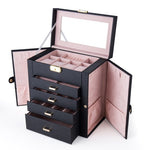 ZUN Synthetic Leather Huge Jewelry Box Mirrored Watch Organizer Necklace Ring Earring Storage Lockable 27866558