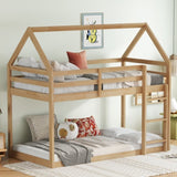 Twin over Twin Rubber Wood Floor Bunk Bed, with ladder,Guardrails,House-Shaped-Bunk Bed,White oak W504P206866