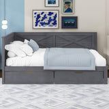 Twin Size Wood Daybed with 2 Drawers and Rustic Guardrail, Ancient Grey N709P179657E