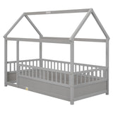 Twin Size Floor Wooden Bed with House Roof Frame, Fence Guardrails,Grey W1858123985