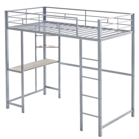 ZUN Twin Size Metal Loft Bed with Desk and Storage Shelves, 2 Built-in Ladders & Guardrails, Loft Bed 37145226