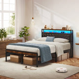 Full Size Metal Platform Bed Frame with Adjustable Upholstered Headboard, Charging Station, LED W1903P195321