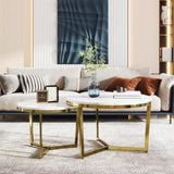 ZUN Modern Round Nesting Coffee Table Set 2-Piece White & Marbling Top Gold Base WF320651AAK