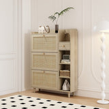 ZUN Natural Bohemia Style Shoe Cabinet, Shoe Rack Cabinet with 3 Rattan Flip Drawers,3 Square Shelves W2557P175973