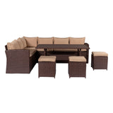 ZUN 8-Piece Set Outdoor Rattan Dining Table And Chair Brown Wood Grain Rattan Khaki Cushion Plastic Wood 17128185