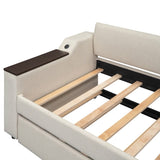 Twin Size Upholstery Daybed with Storage Arms, Trundle and USB Design, Beige 06512731