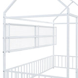 Twin Size Metal Bed House Bed Frame with Fence and Shelves, White N737P175360K