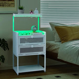 ZUN FCH White Wood Steel 2 Drawers Shelf LED Light Strips Nightstand With Socket With Charging Station & 63272557