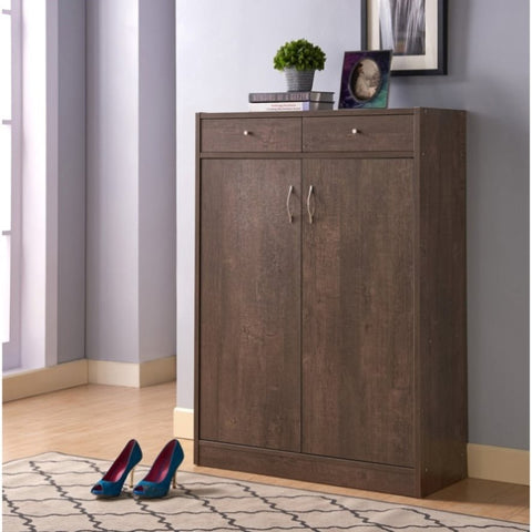 ZUN Two Door Shoe Storage Cabinet with Two Top Drawers, Five Shelves fits 15 Pairs in Walnut Oak B107130884