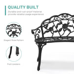 ZUN Outdoor Cast Aluminum Patio Bench, Porch Bench Chair with Curved Legs Rose Pattern, Black 01485098