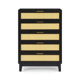 ZUN Bedroom 5 drawer dresser, rattan dresser modern wooden chest of drawers with spacious storage space W1781P183009