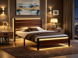 Twin Size Metal Wood Platform Bed Frame, 3-Panel Reddish Brown Wood Grain Headboard with LED Light & 40743771