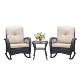 ZUN 3 Pieces Conversation Set, Outdoor Wicker Rocker Patio Bistro Set, Rocking Chair with Glass Top Side W2749P185869