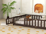 Twin Size Floor Bed with Fence and Door,Rubber Wood Floor Bed with Safety Guardrails,Espresso W504P429279