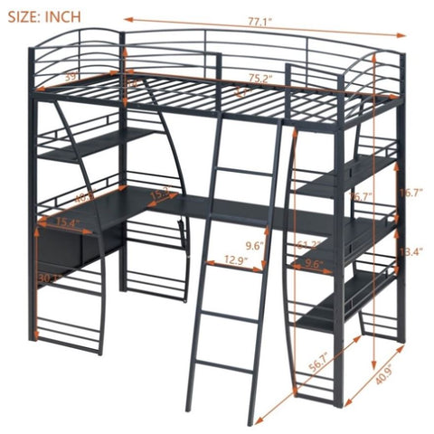 ZUN Twin Size Loft Bed with 4 Layers of Shelves and L-shaped Desk, Stylish Metal Frame Bed with a set of 62535141