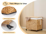 100L 2-Section Laundry with Lid and Wheels, Woven Natural Water Hyacinth Rolling Laundry 17904538