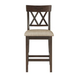 Dark Brown Finish Counter Height Chairs 2pc Set Double X-Back Design Lenin-like Fabric Padded Seat B01151376