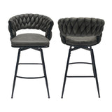 ZUN 28" Technical Leather Woven Bar Stool Set of 2,Black legs Barstools No Adjustable Kitchen Island 40400662