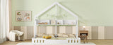 Wood Twin Size House Platform Beds,Two Shared Beds with Shelves and Guardrail, Creamy White WF310564AAA